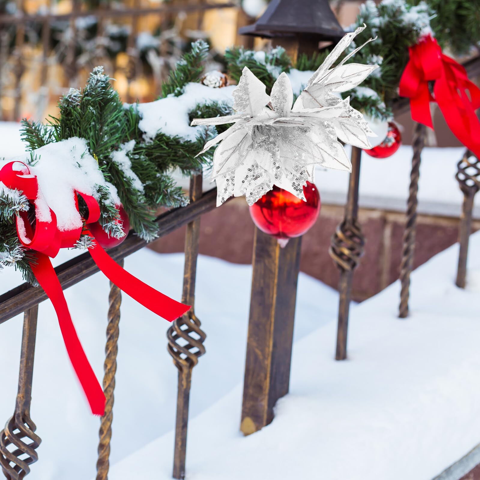 6 Stück Silber Glitzer Weihnachtsstern Handgefertigte Künstliche Weihnachtsblumen für Baumdekoration Festlicher Poinsettia Strauß Vielseitig für Innen Außen und