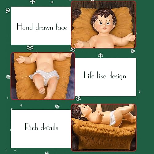 Miniatura 5 de Nativity Baby Jesus Figurine - Juego de belén de resina para Navidad, estatua pintada de Jesús en un pesebre para decoración navideña del hogar