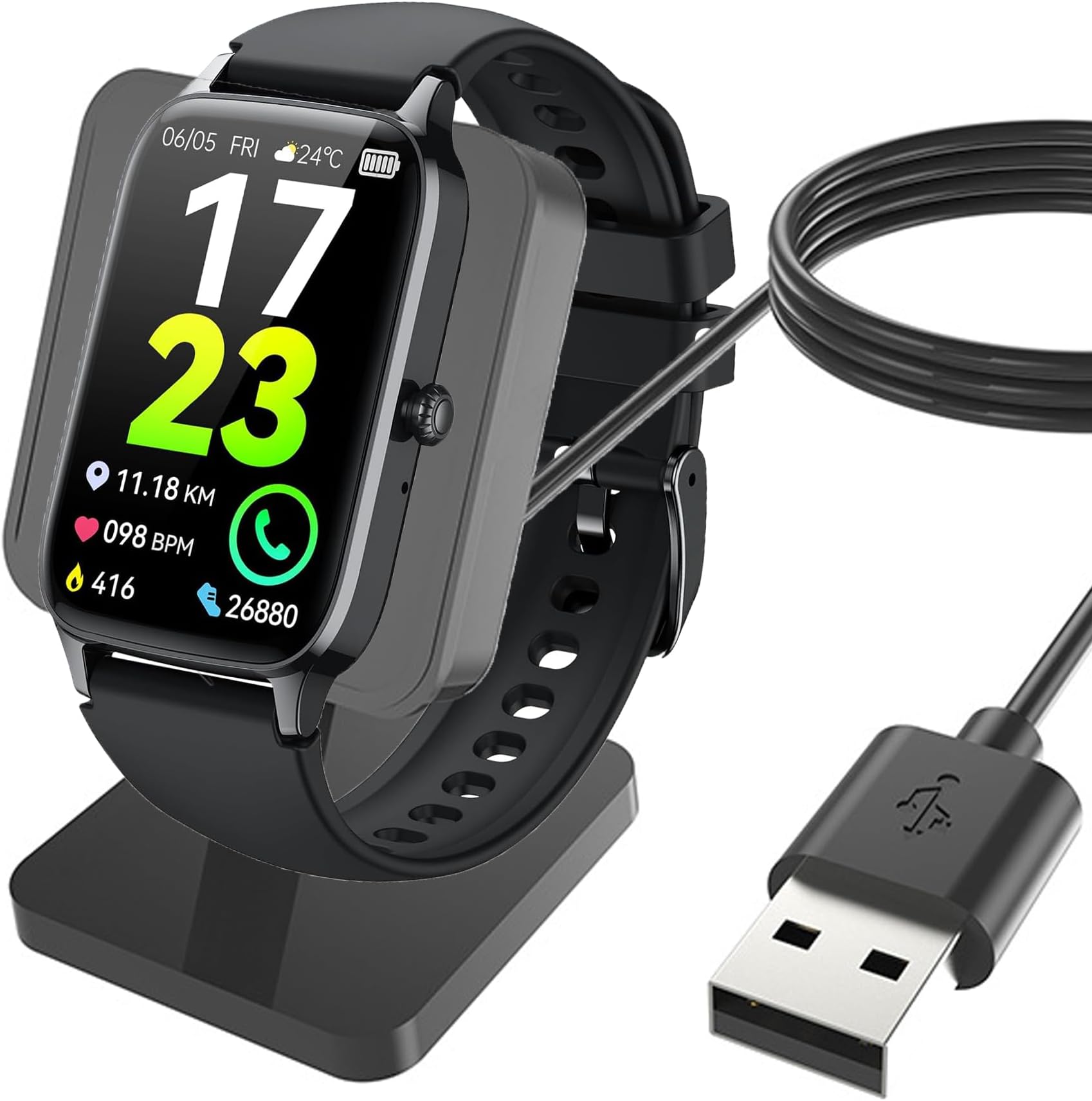 Charger Compatible with Soudorv P97 Smartwatch 1.57 Inches, USB Charging Cable, Quick Charger, Charging Dock for Soudorv P97 / Dyurwa P97 Smartwatch (Black)