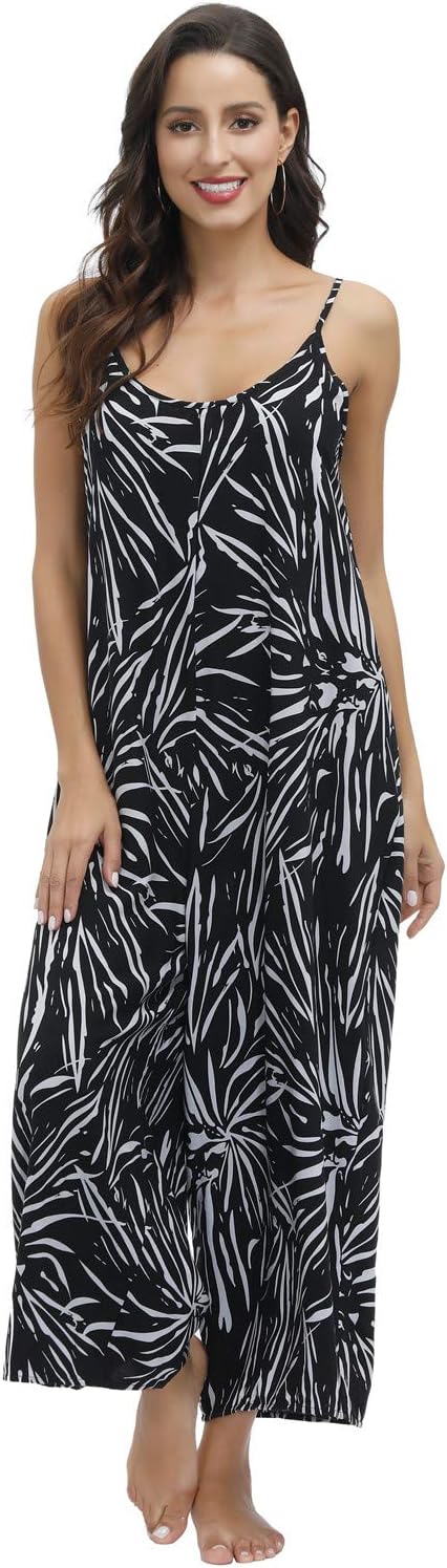 BUENOS NINOS Women's V Neck Floral Maxi Dress Boho Printed Adjustable Spaghetti Strap Ethnic Beach Long Dress with Pockets