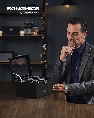 Vista 24 de SONGMICS Caja de reloj, organizador de 20 ranuras para reloj con tapa de vidrio grande, almohadas extraíbles, cerradura de metal, regalo para seres