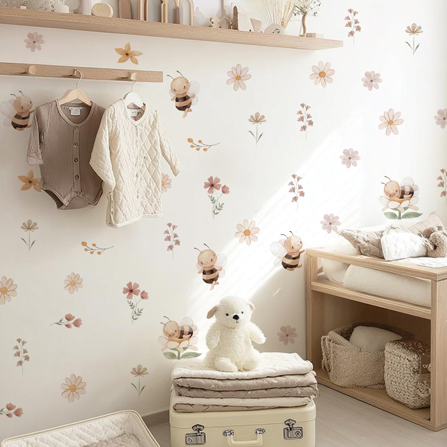 Neukids Boho Watercolor Pink Daisies Children's Wall Stickers, Bees Wall Decals Nursery Stickers for Kids Bedrooms Livingroom Kindergarten Window Wall Decor — image 1