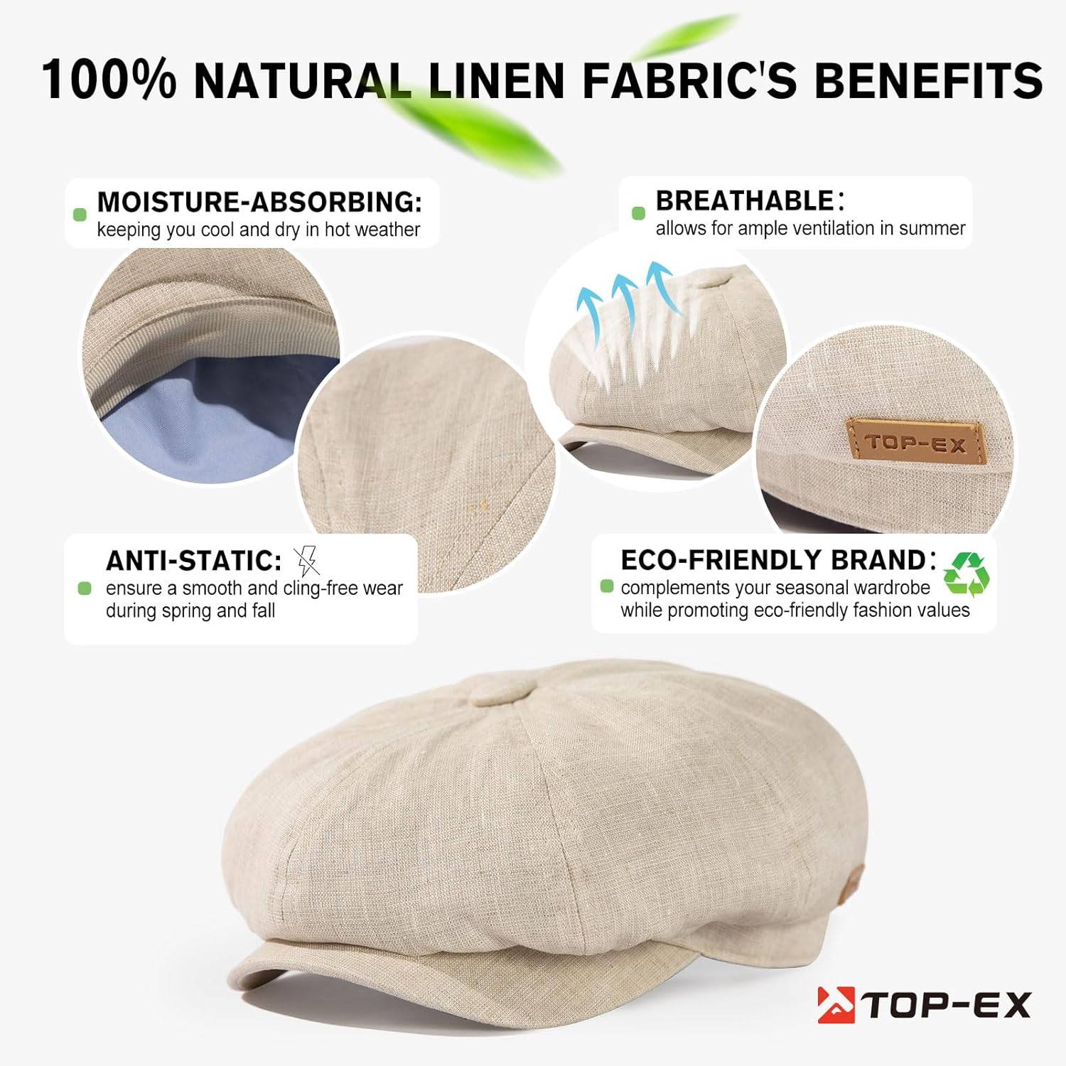 Oversized XL XXL Natural Linen Flat Cap Lightweight 8 Panel Summer Cooling Eco-Friendly Newsboy Hat Golf Outdoor - Image 3