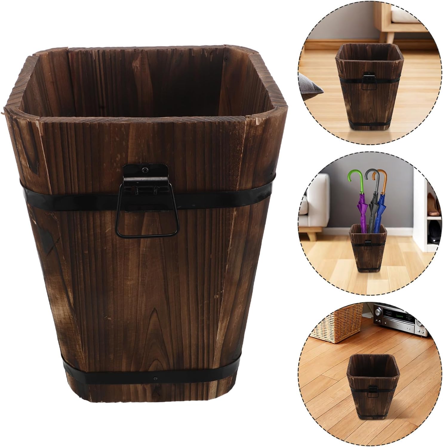 Rustic Wooden Umbrella Stand Holder Rack for Umbrellas and Walking Sticks | Freestanding Bucket Form, Bottom Drainage Hole, Indoor and Outdoor Use