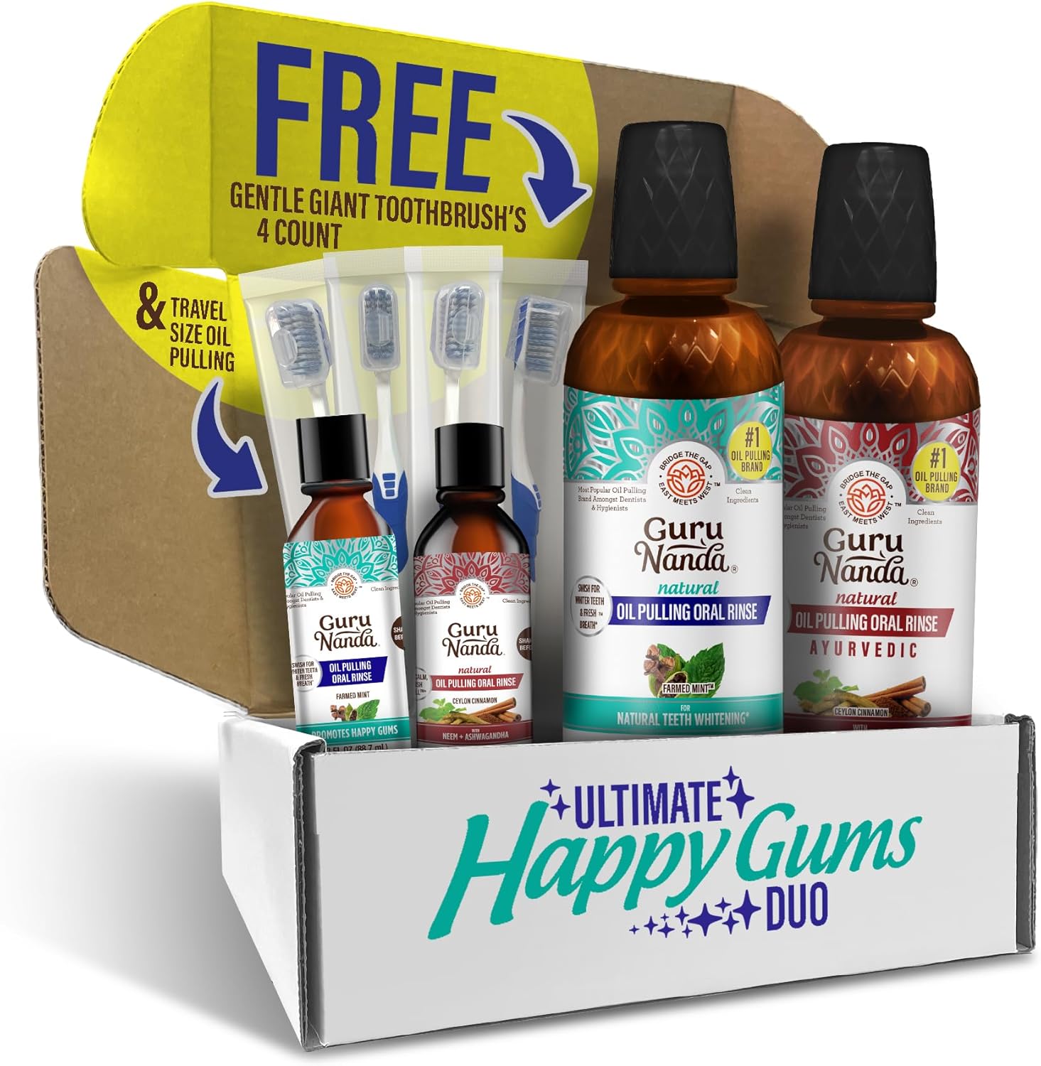 GuruNanda Ultimate Happy Gums Duo, with Alcohol & Flouride-Free Cocomint & Ashwagandha Oil Pulling, Ayurvedic Oral Care for Happy Gums & Fresher Breath