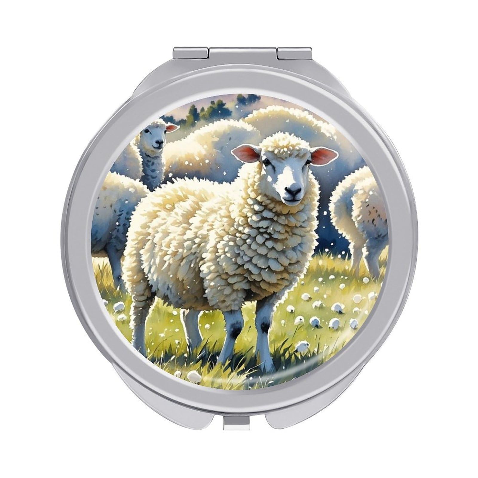 FekiLoot Sheeps Watercolor Travel Makeup Mirror for Women Folding Portable Hand Compact Mirrors Small Round Vanity Mirror 1X/2X Magnifying Metal Pocket Makeup Mirrors