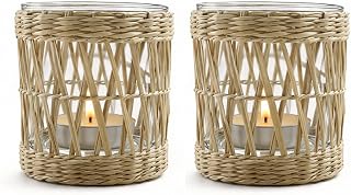 Kerzenständer Makramee Girlande, Windlichter Deko Kerzen, Kerzenhalter im Vintage-Stil aus Stroh, Beige Boho Deko Balkon für Kerzen Und Trockenblumen Und Dekoration(2pc-8.5x7.5)