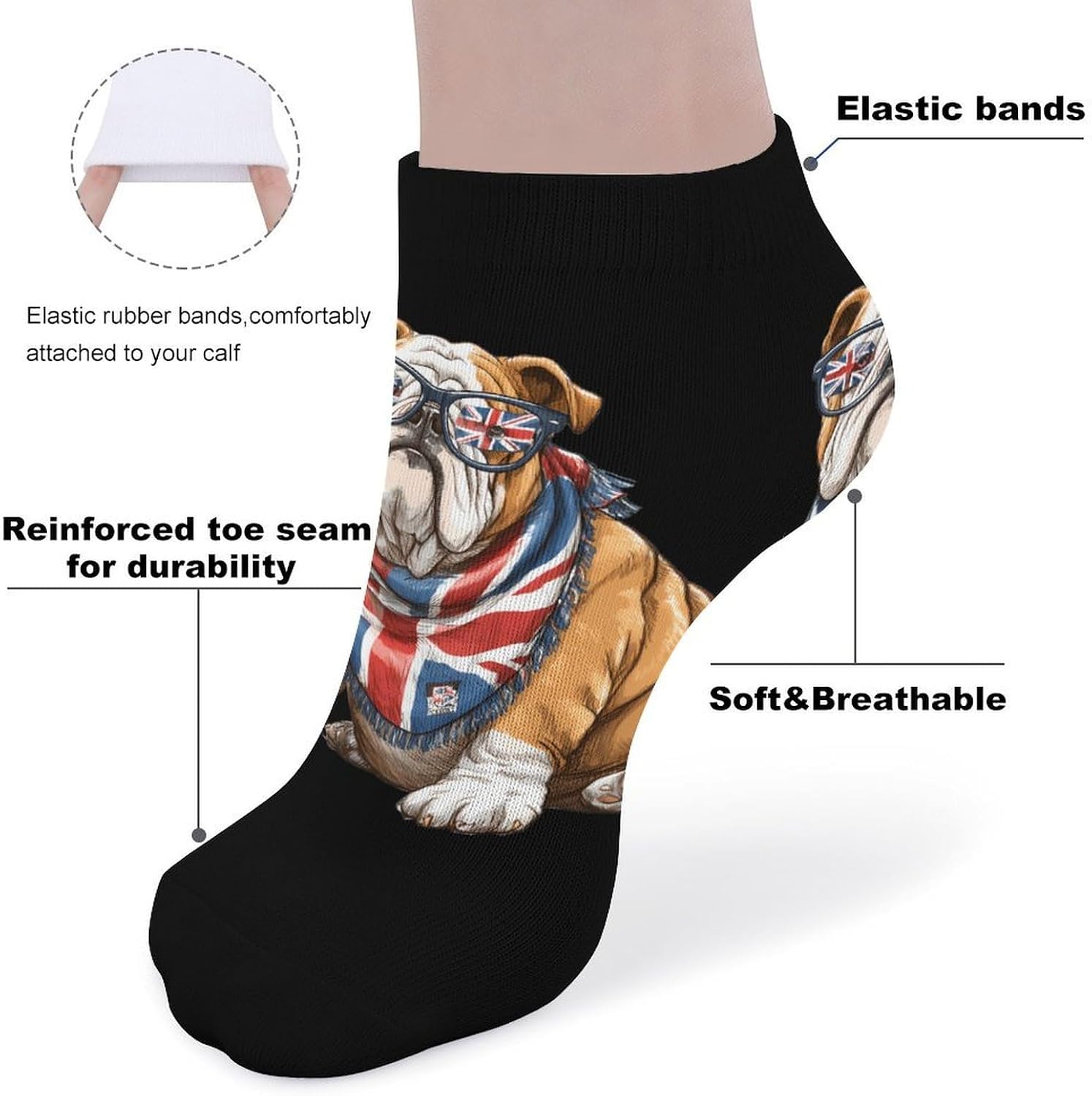 English Bulldog UK Flag Union Jack Socks for Men Women 5 Pairs Ankle Socks