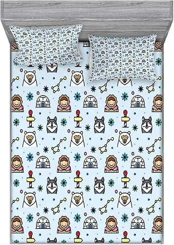 Miniatura 4 de Lunarable Husky Fitted Sheet & Pillow Sham Set, Doodle Arctic Theme with Eskimo Igloo Husky Dog Pole Bear Star and Snowflake Elements, Decorative