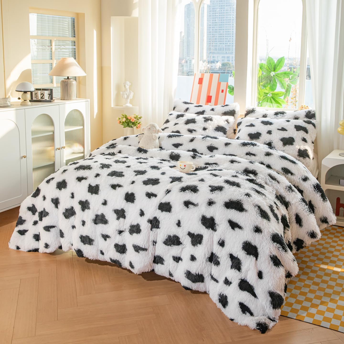 Kids Girls Faux Fur Cow Print Comforter Sets Twin/Full - 3PC Bed Set Skin Friendly Soft Warm Comfortable Classical Rabbit Plush Velvet Flannel Fluffy Fuzzy Bedding(Comforter x 1 Pillowcases x 2) - Image 4