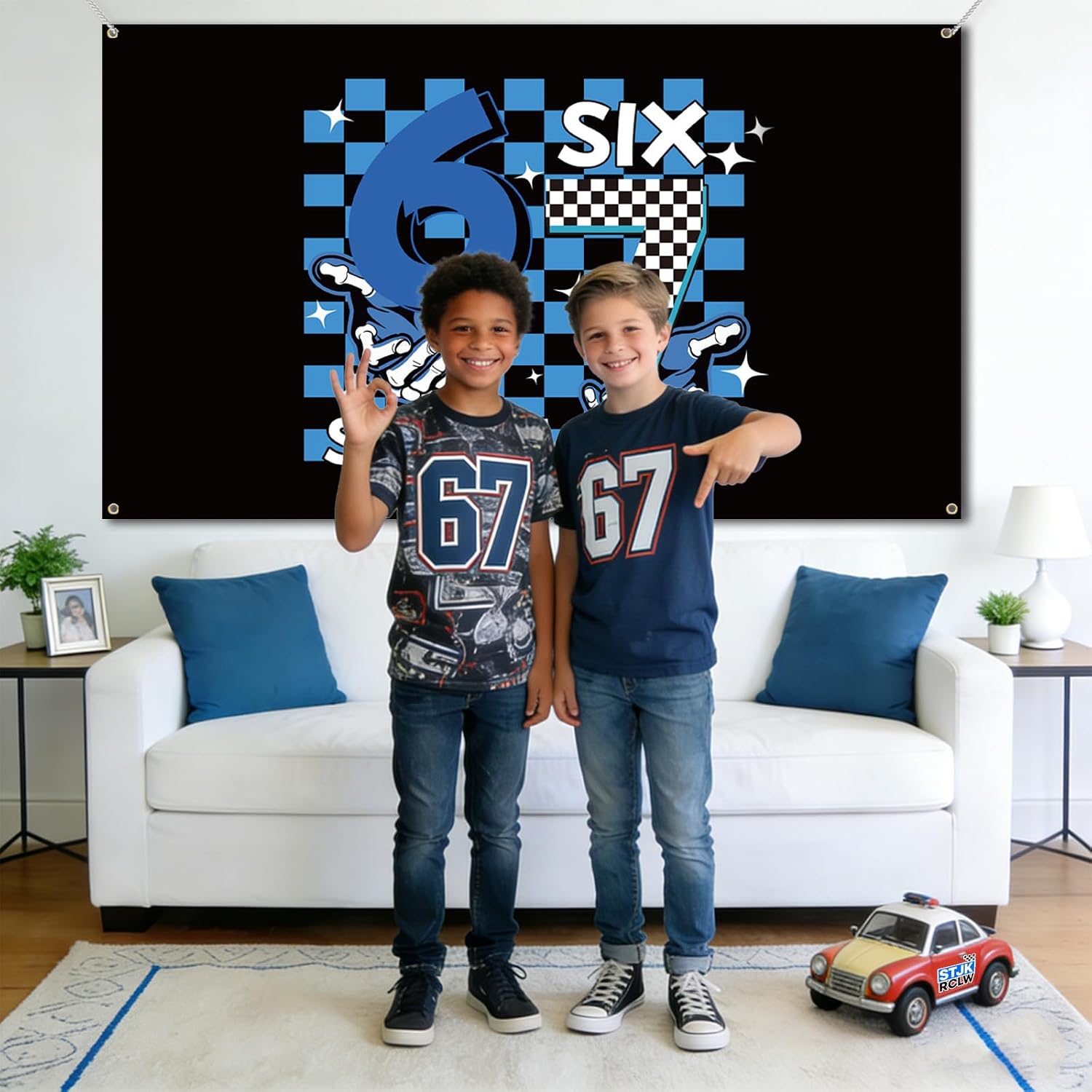 6 7 Birthday Decorations Funny 6 7 Meme Booth Backdrop Six Seven Birthday Party Decoration Holiday Photo Background Blue Black and Checkered Wall Decor