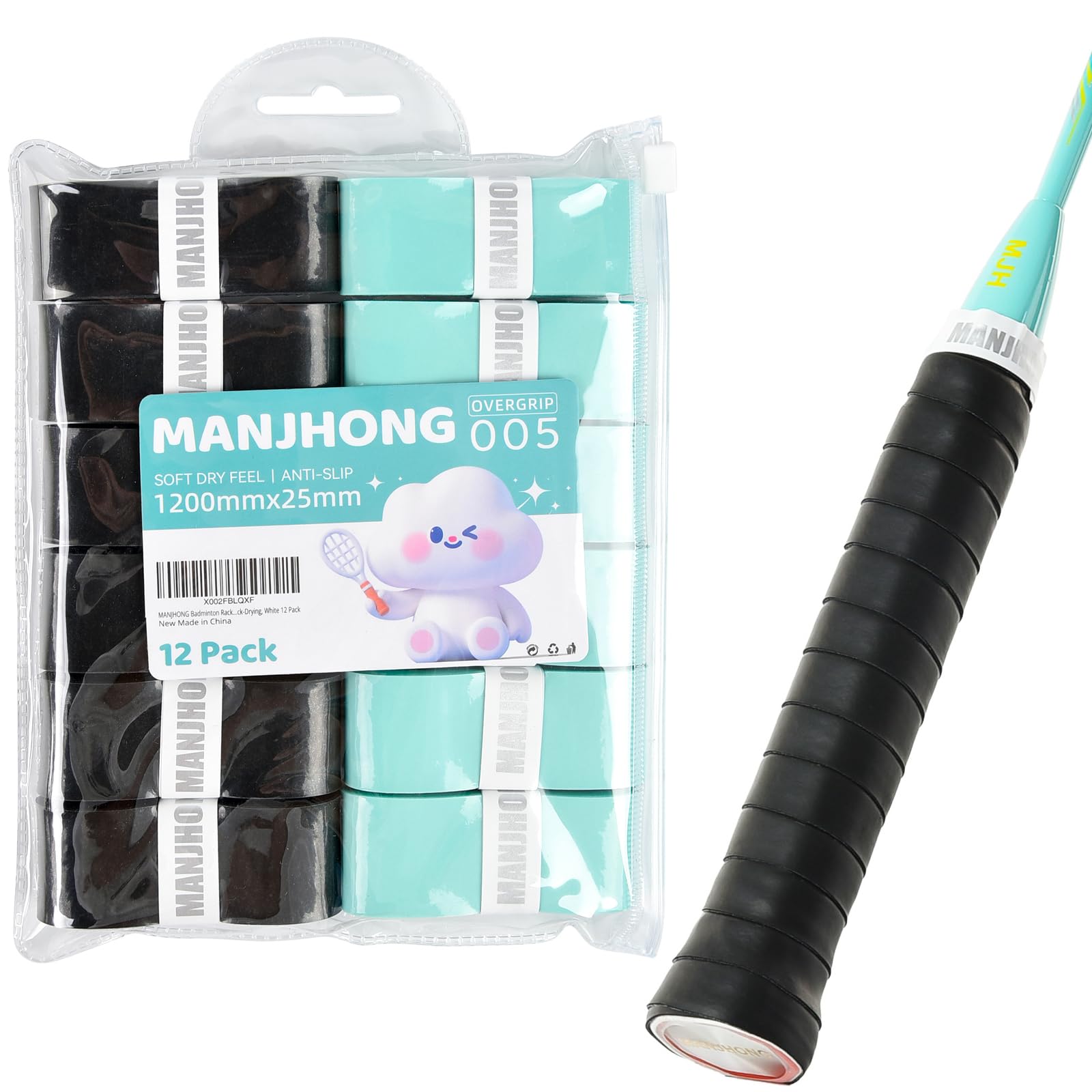 MANJHONG Badminton Racket Grip Tape (Pack of 6/12) - Soft & Anti Slip PU Overgrip for Squash Padel Tennis Racquet, 6 Black+6 TiffyBlue