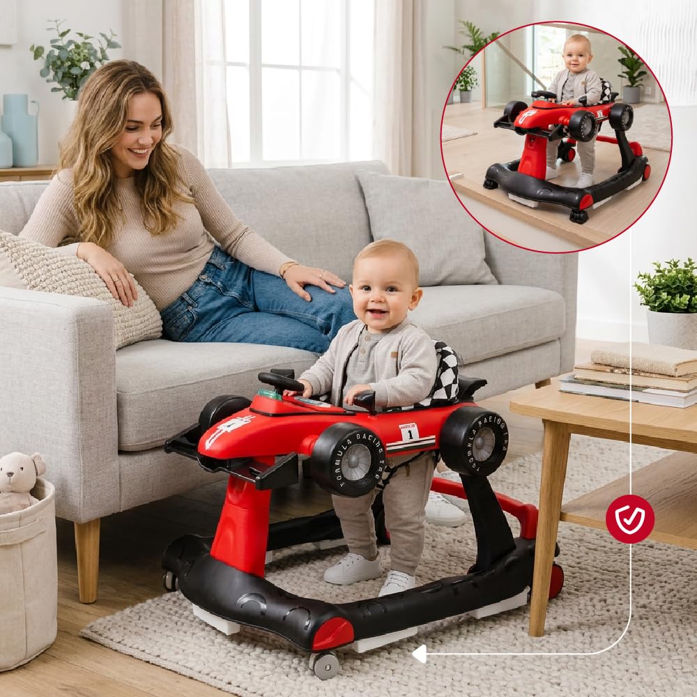 Andador para bebés Formula Racing, 6-18 meses, baby walker plegable con ruedas silenciosas, caminante con Empuje Regulable en Altura, coche de aprendizaje móvil con música y luz (Rojo)