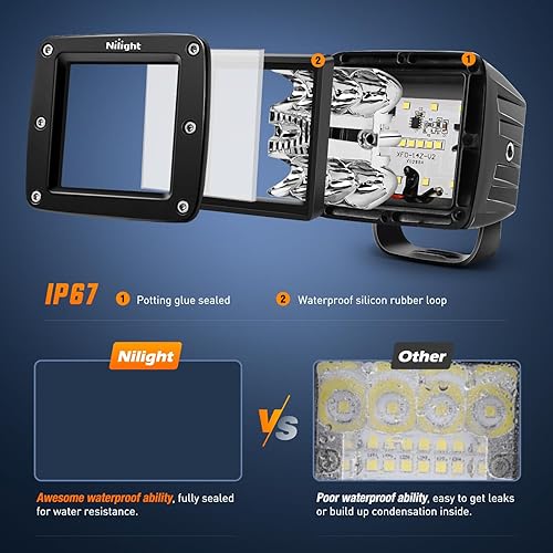Miniatura 5 de Nilight 2 cubos LED de 3 pulgadas y 42 W mejorados, combo de inundación cuadrada, luces antiniebla todoterreno de 12 V, 5 pines, interruptor