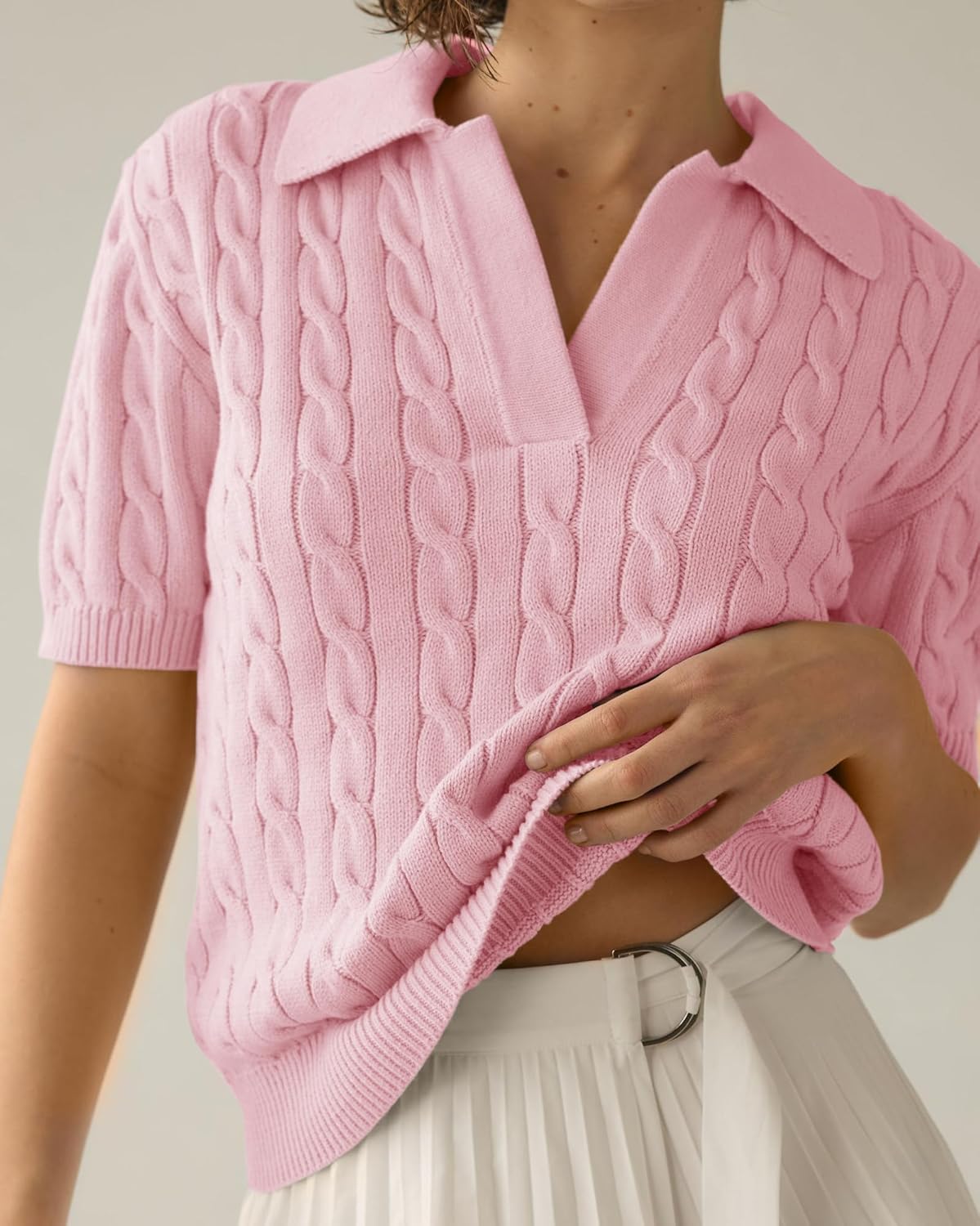 Imily Bela Women's Cable Short Sleeve Sweaters Tops Solid Lapel V Neck Knit Casual Soft Pullover Shirt - Image 2