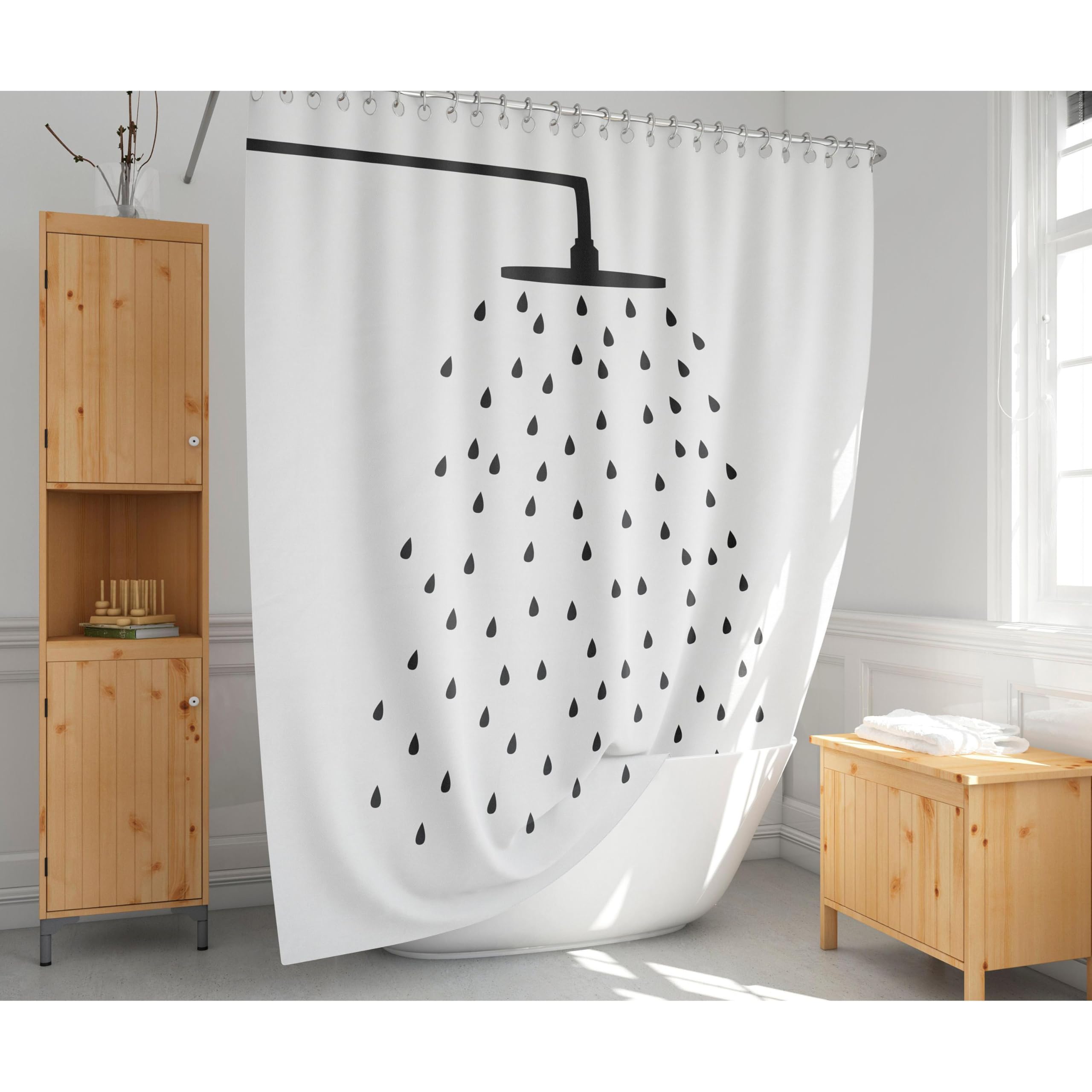 Cortina de Ducha con Cabezal de Ducha, Forro de Cortina de baño de Tela en Blanco y Negro, tamaño Extra Largo y estándar, decoración 300 x 200 cm/118 x 79 Pulgadas (Ancho x Alto).