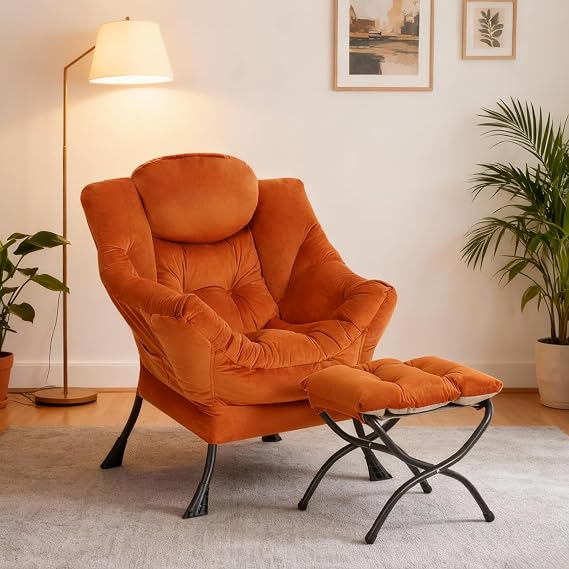 Armchair with Ottoman, Comfy Upholstered Lounge Reading Chair with Side Pocket and Armrests, Modern Bedroom Lazy Chair and Footstool Set for Living Room, Reddish Brown