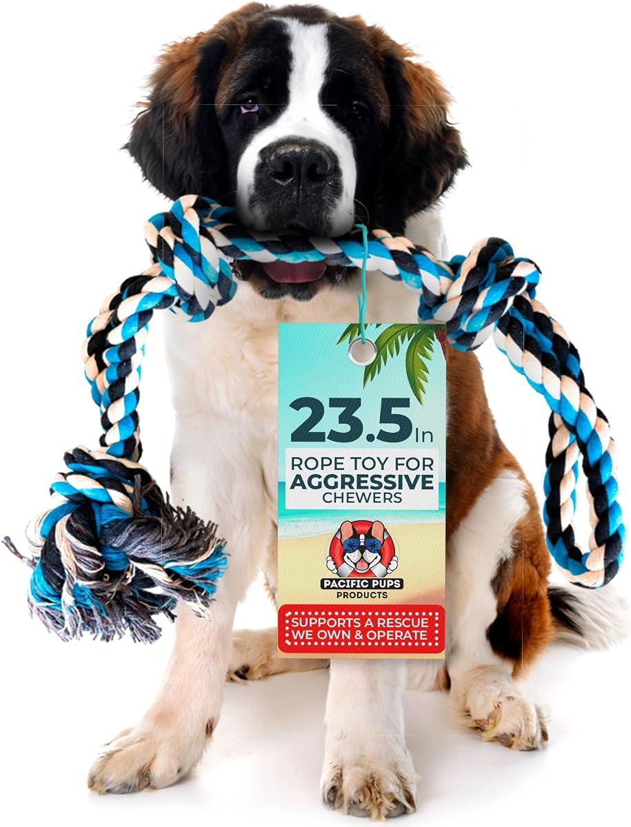 Pacific Pups Products Juguete de cuerda para perros grande, 23,5 pulgadas, azul | Juguete de cuerda para perros grandes, cuerda de tira y afloja de 3 nudos, juguete duradero para perros para masticadores agresivos, dentición de cachorros, mezcla de algodón