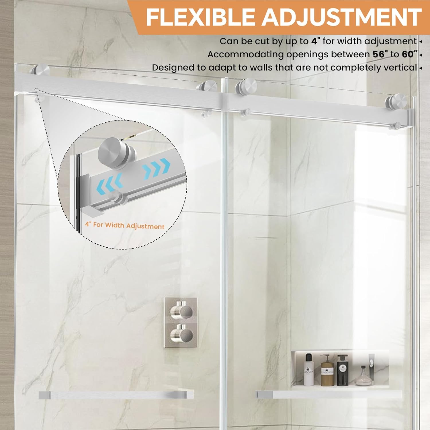 Frameless Shower Door, 56-60 in W x 76 in H, Soft-Close Double Sliding Shower Door, 5/16" (8mm) Clear Tempered Glass with Double Rollers, Brushed Nickel