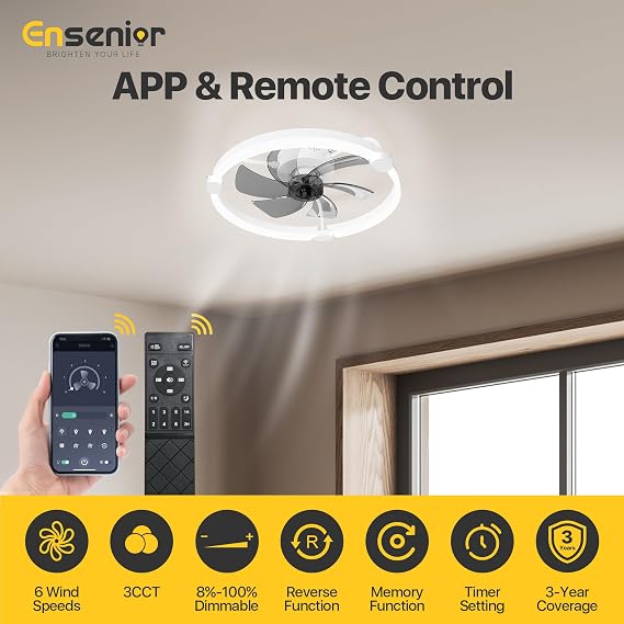 Ensenior Ceiling Fans with Lights and Remote, 50cm Flush Mount, 6 Speed & 3000K-6500K Stepless Dimmable Quiet Modern LED Fan Lights Ceiling for Bedroom Living Room Dining Room - White [Energy Class E]