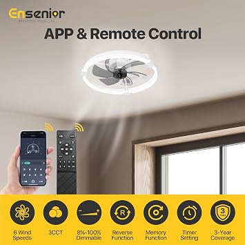 Ensenior Ceiling Fans with Lights and Remote, 50cm Flush Mount, 6 Speed & 3000K-6500K Stepless Dimmable Quiet Modern LED Fan Lights Ceiling for Bedroom Living Room Dining Room - White [Energy Class E]