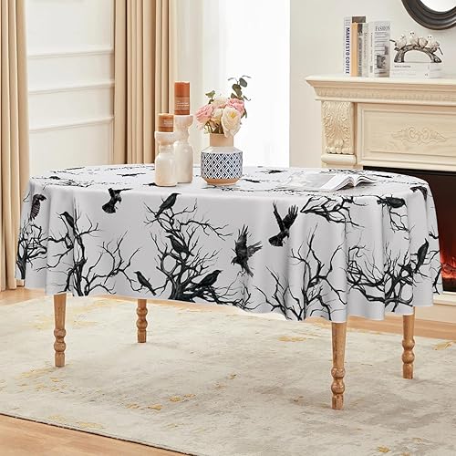 Miniatura 9 de Horaldaily Mantel rectangular de Halloween de 60 x 104 pulgadas, diseño de cuervo, lavable, para fiesta, picnic, cena, decoración