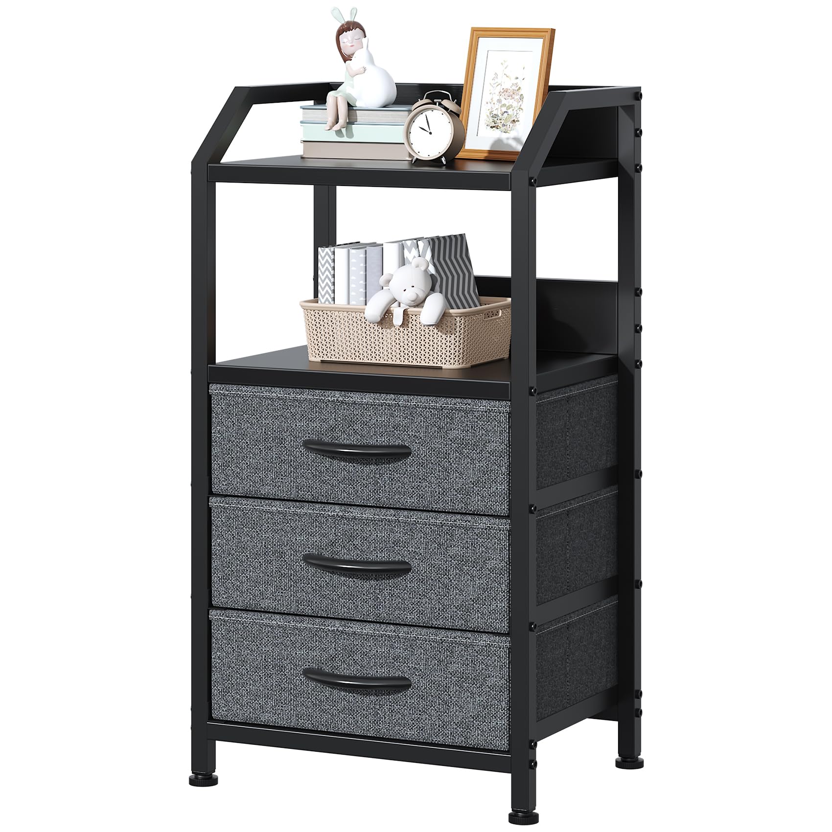 GoaHi Bedside Table with 3 Fabric Drawers & Open Shelf, Nightstand with Wood Top and Metal Frame, Bed Side Table for Bedroom, Living Room, Small Spaces,Deep Gray