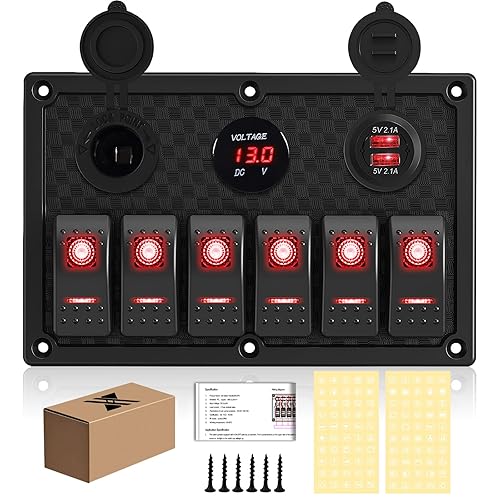 Vista 82 de Panel de interruptor de palanca impermeable de 6 cuadrillas 12V/24V Panel de interruptor basculante de aluminio con cargador USB doble, voltímetro