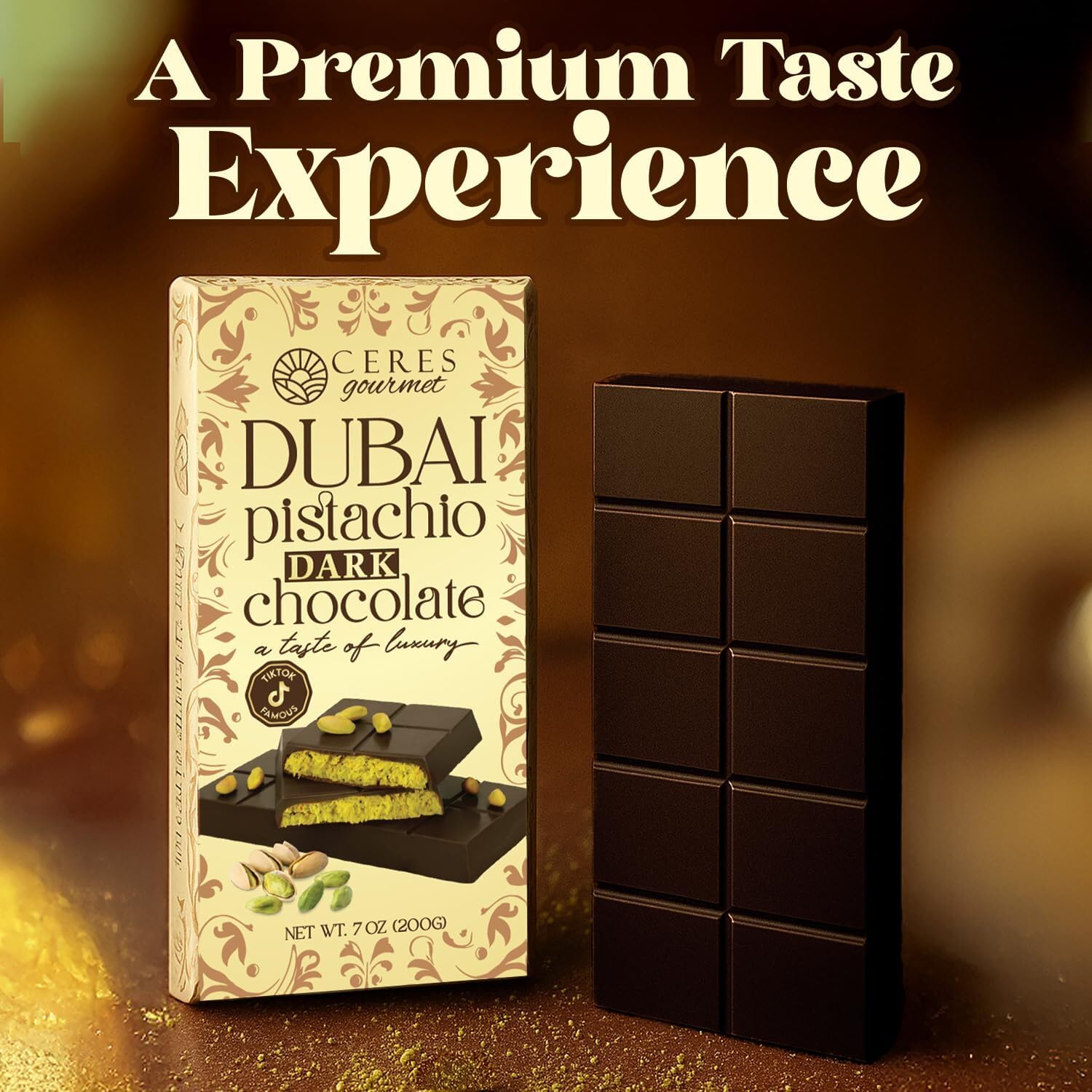 Dark Chocolate Dubai Crispy Knafeh Pistachio Bar 7oz | Kunafa Chocolate Delight | Crunchy Bar with Rich Pistachio Kunafe Filling | Gourmet Dessert Gift