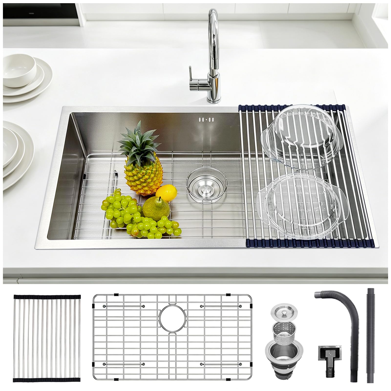 Lavello da Cucina, 75 x 48 cm, in Acciaio Inox 304, lavello Singolo con scolapiatti a Pavimento, Argento, sifone e Tubo di Scarico Inclusi, 1 Vasca, Moderno, Senza Foro per rubinet