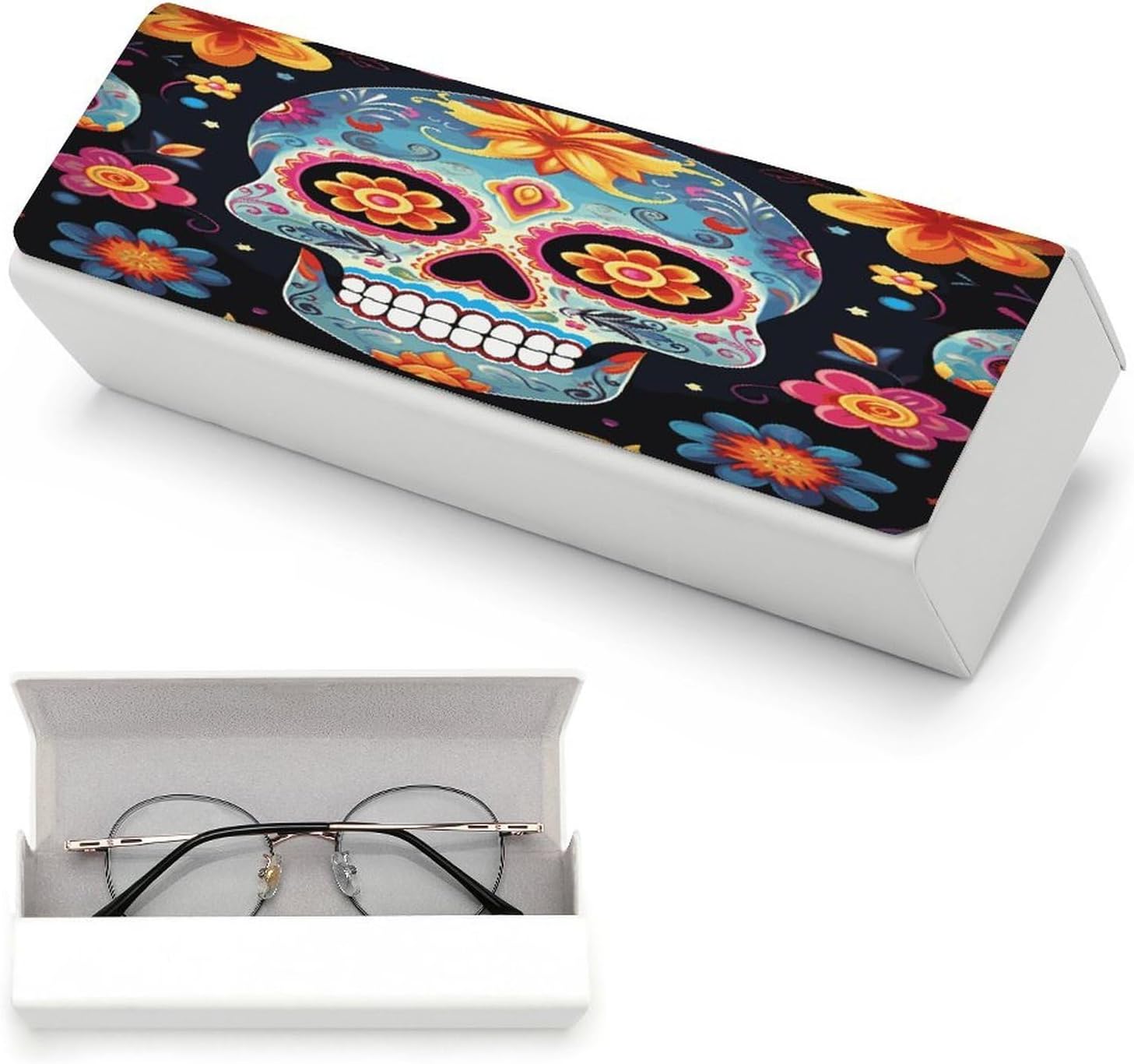 Sugar Skulls Glasses Case Fashion Portable Hard Shell Eyeglasses Case Travel Sunglasses Case with Cleaning Cloth Premium PU Leather Eyeglass Holder for Women Men image 5