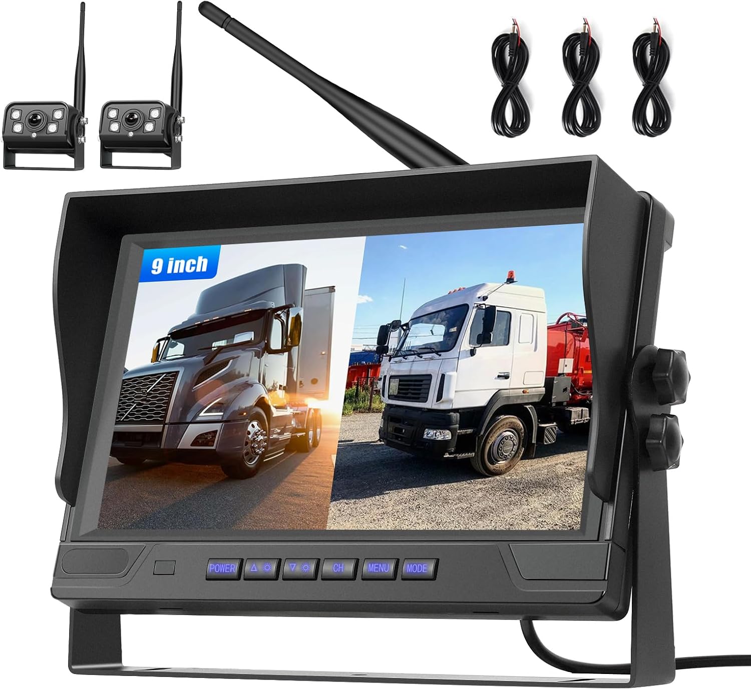 9 Inch Wireless Backup Camera for Truck with 2 Rear View Camera System for Cars, 4 Channels Split Screen, BSD Alert, Night Vision, IP68K Waterproof, for Truck, Pickup, Trailer, Cars Parking Safety