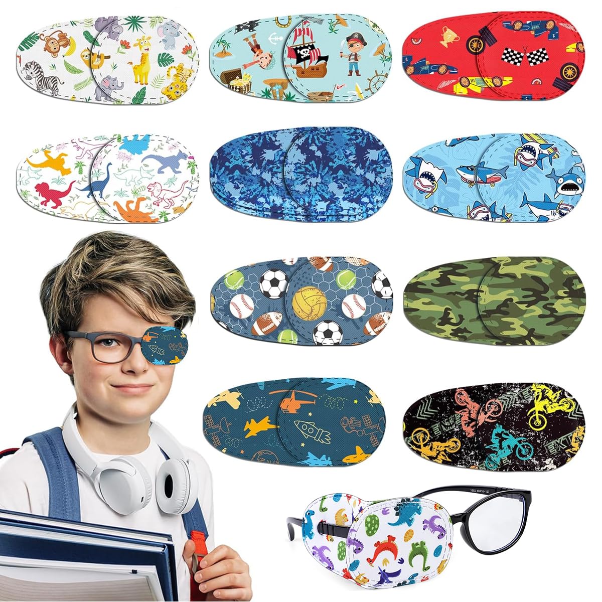 10Pcs Lens Single Eye Patch for Kids, Eye Patches for Lazy Eye Kids for Vision Correction, Cartoon Lazy Eye Patches for Kids for Eyepatch for Glasses Left or Right Eye Patch, Assorted Patterns-image-0