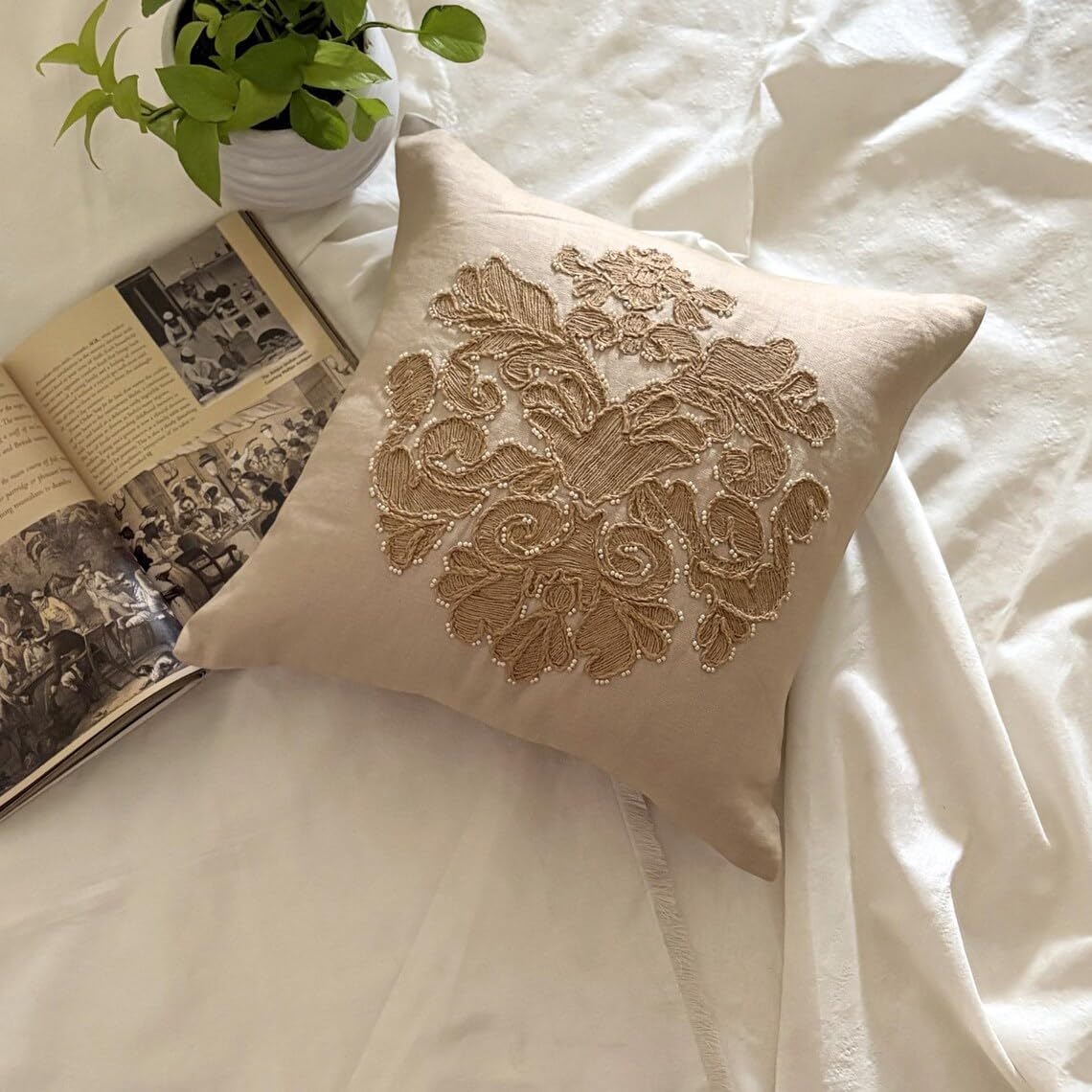 The HomeCentric Pillow Covers, Decorative Beige 16"x16" (40x40 cm) Pillow Covers, Linen Jute Embroidery & Pearl Throw Pillow Covers, Damask Pattern Modern Easter - Jutty Damask