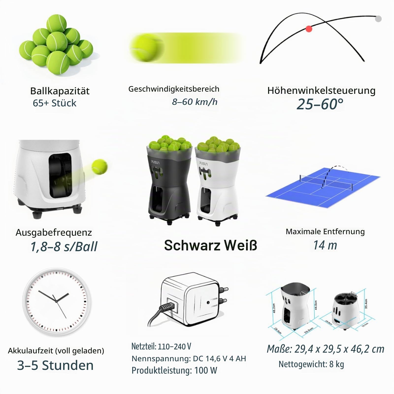 PT-Mini Pro Tennisballmaschine - Automatischer Aufschlag mit einstellbarer Geschwindigkeit und Winkel - Langlebige Bauweise - Hohe Kapazität - Ferngesteuert - Premium Trainingsgerät für Spieler aller