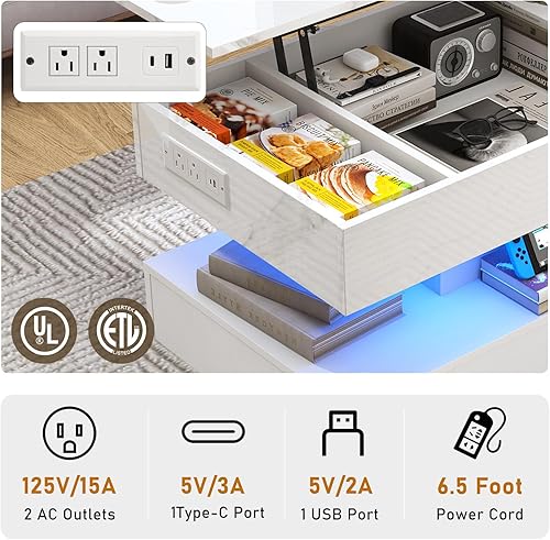 Miniatura 5 de Mesa auxiliar grande de 39.4 pulgadas con estación de carga, mesa central LED moderna de alto brillo con almacenamiento de compartimento oculto,