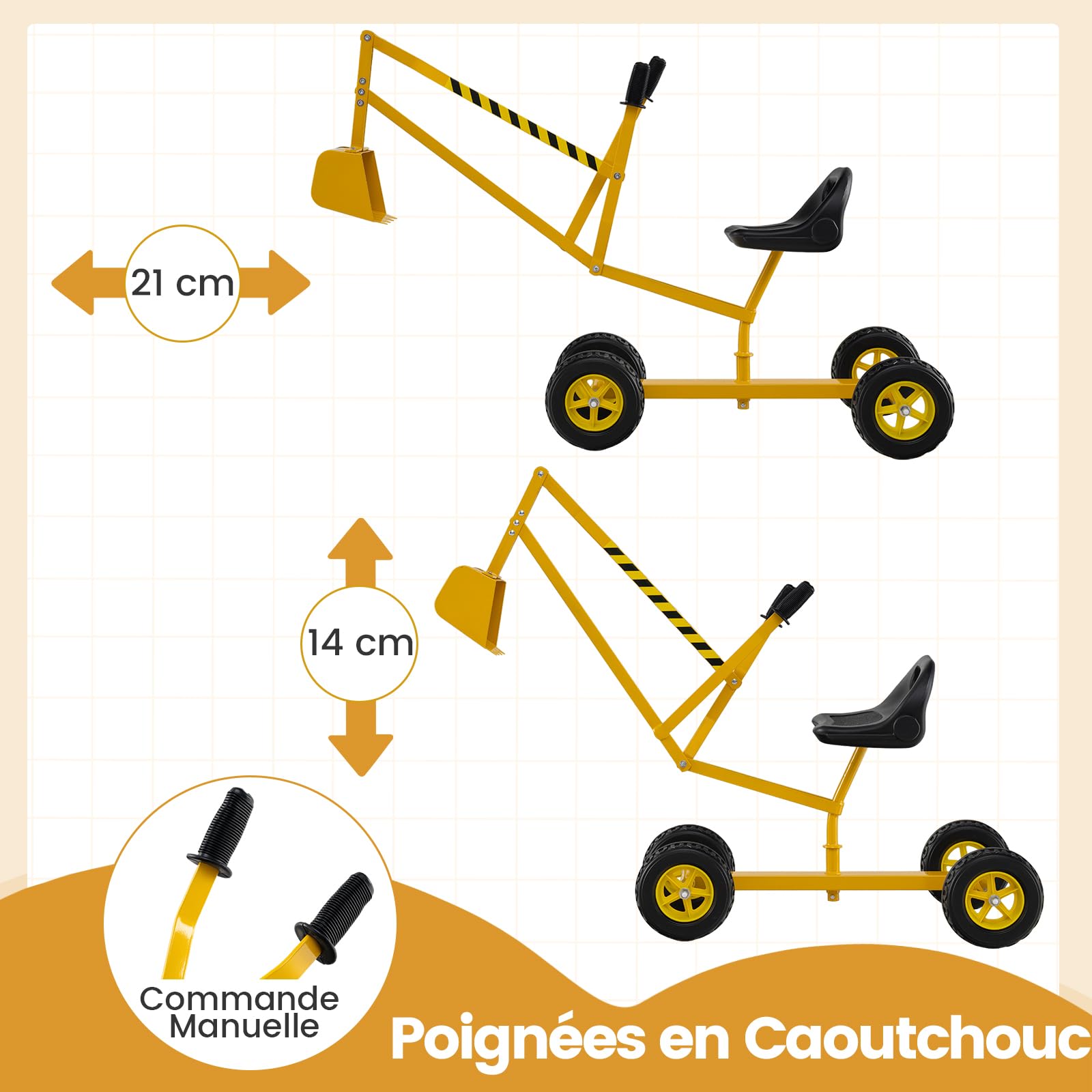 DREAMADE Pelleteuse pour Enfants, Jouet de Bac à Sable en Métal avec Siège Rotatif à 360°, Pelle Flexible, Grue Excavatrice d'Extérieur pour pour Terre, Neige, Plage (Jaune,avec Roues)