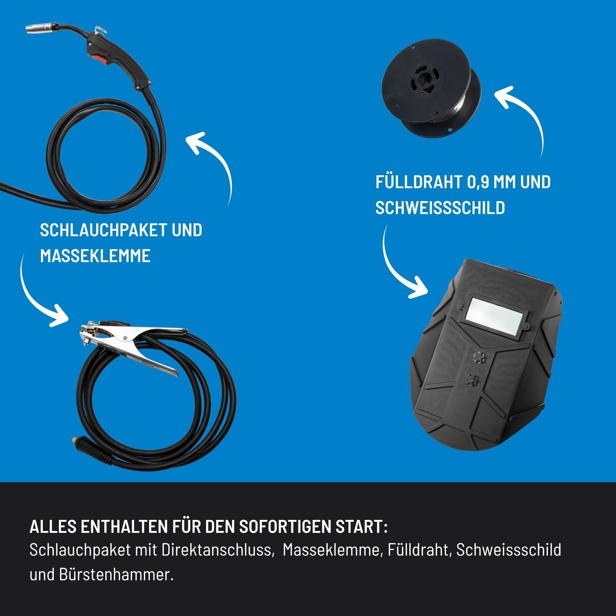 Güde Spawarka do drutu napełniającego SG 131 A-SYN (230 V, technologia inwerterowa, do drutu 9 mm, maks. natężenie prądu 120 A, w zestawie osłona spawalnicza, pakiet węży, drut wypełniający, młotek