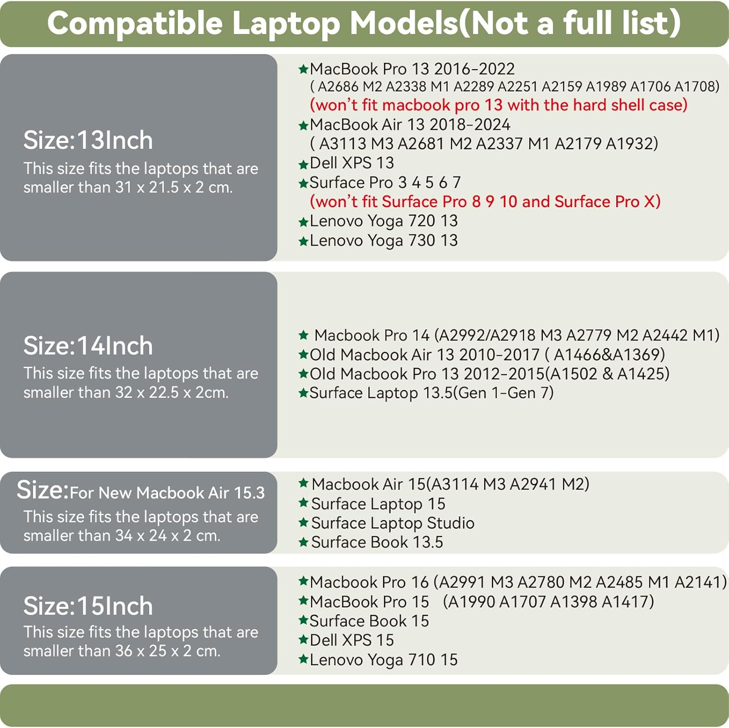 Leather Laptop Sleeve Compatible with New 15 inch MacBook Air A3114 M3 A2941 M2, Surface Laptop 15, Surface Book 13.5 Color Grey Green - Image 2