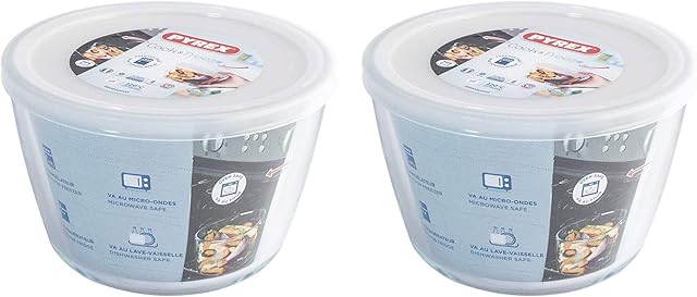 Pyrex Microwave Safe Classic Round Glass Dish with Plastic Lid 1.7 Litre White (Pack of 2)
