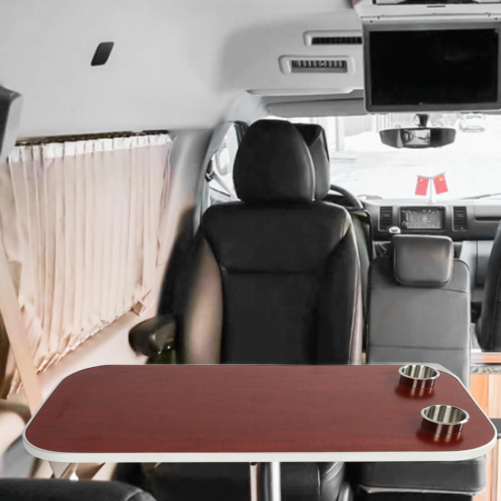 Akozon Mesa de Barco de Madera Maciza con 2 Portavasos, Panel de Escritorio Extraíble para Yate Marino RV (Rojo Oscuro)