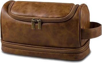 Toiletry Bag for Men Leather Travel Organizer Shaving Dopp Kit with hanging hook, Large Water-resistant Toiletries Bathroom Shaving Bags for Women