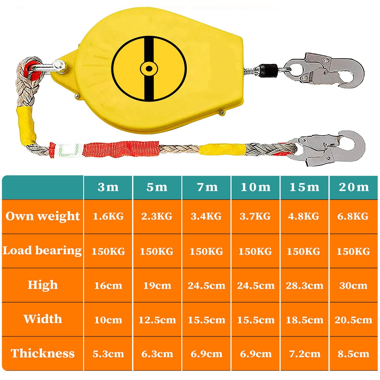 Dispositif Antichute a Rappel Automatique, 3-20m Harnais Securite Anti-Chute Rétractable avec Double Serrure, Corde de Sécurité pour Construction de Toiture et L'escalade, Charge:150kg(Size:3m)
