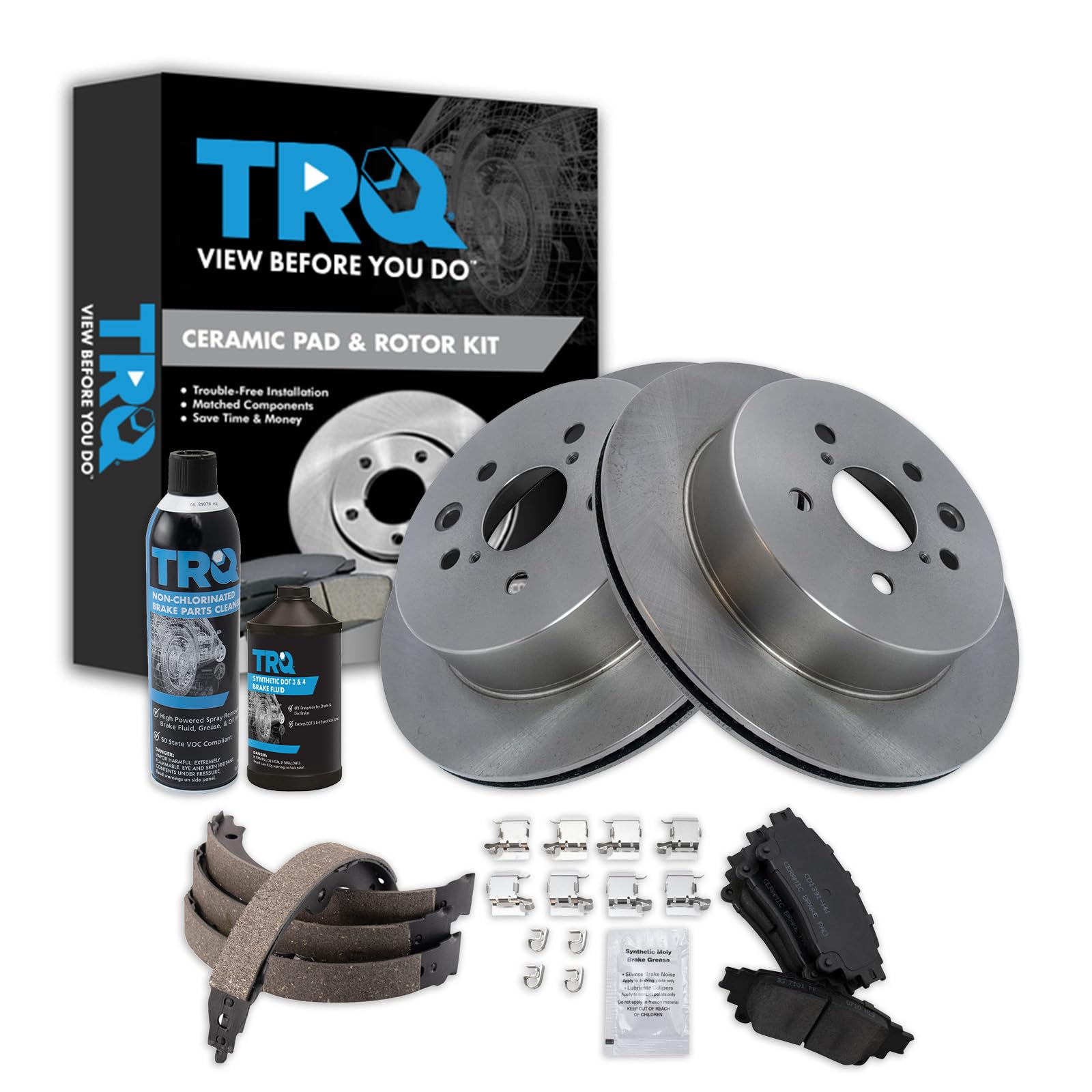 TRQ Rear Brake Pad &amp; Rotor Kit, with Chemical Kit Parking Brake Shoe Set Ceramic Compatible with 2014 Lexus IS250