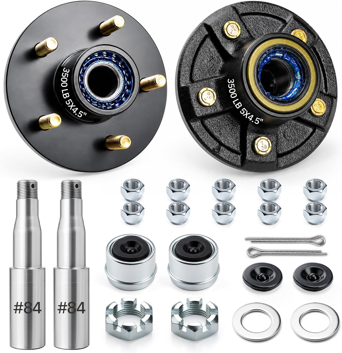 2 Sets 3500 lbs Pre-Iubricated Trailer Hub Kit with 5 on 4.5 Trailer Hub &1-1/16'' to 1-3/8'' #84 Tapered Spindle.Pre-Assmelde L44649 L68149 Bearing and Grease Seal Trailer Hubs 5 Lug Kit