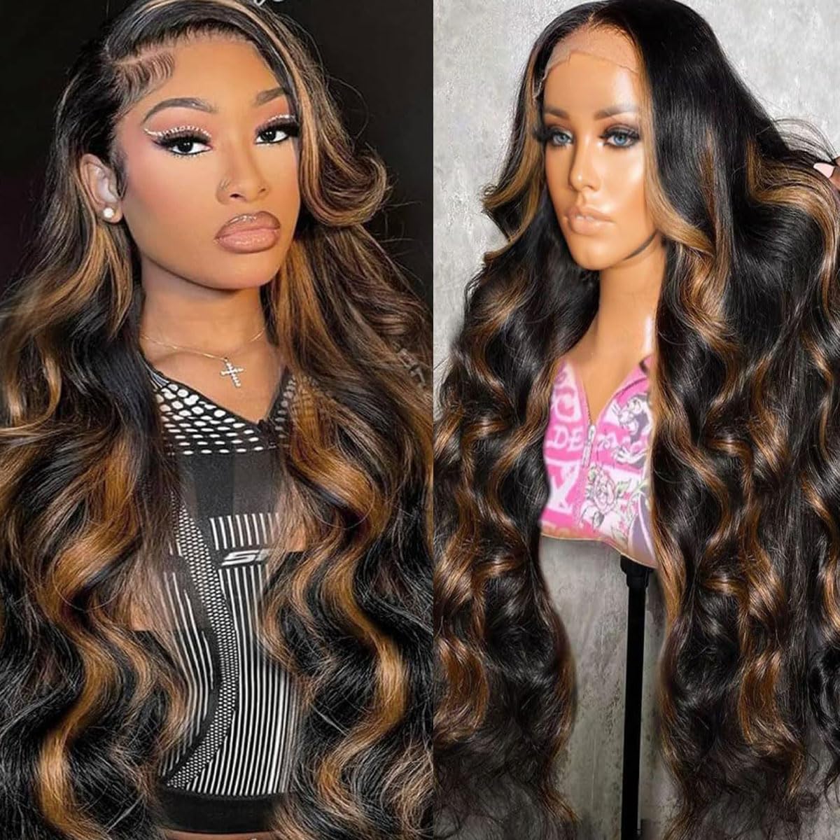 HANGFIRST 32Inch 13x6 Highlight Body Wave Lace Front Wig Human Hair Pre Plucked 180% Density 1B/30 Ombre Frontal Wigs Brazilian Virgin Human Hair Wigs