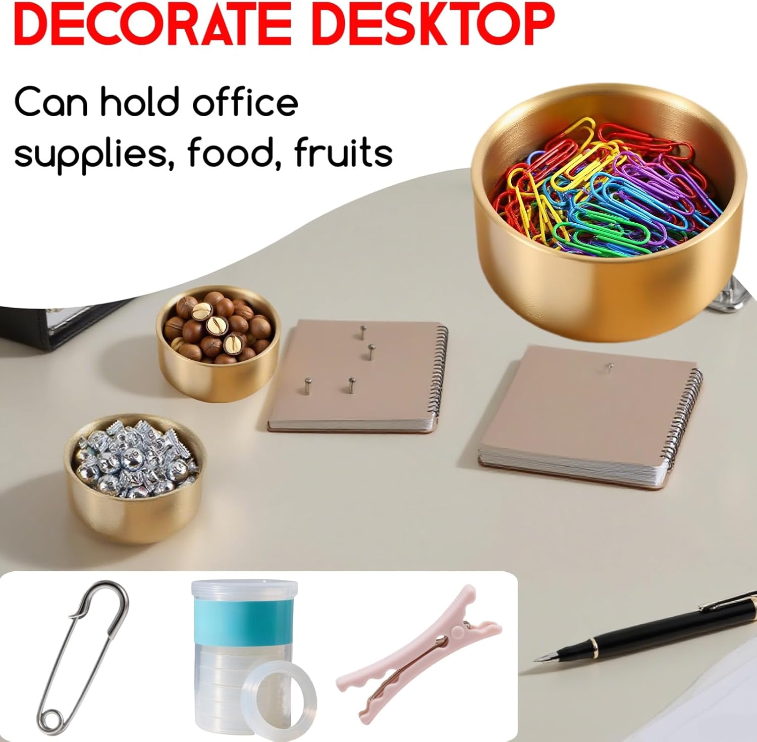 3 Pack Stainless Steel Paper Clip Holder, Metal Desk Organizer Bowls for Office Supplies, Paperclips, Binder Clips, Small Parts Storage Container for Home and Office (Gold) image 4
