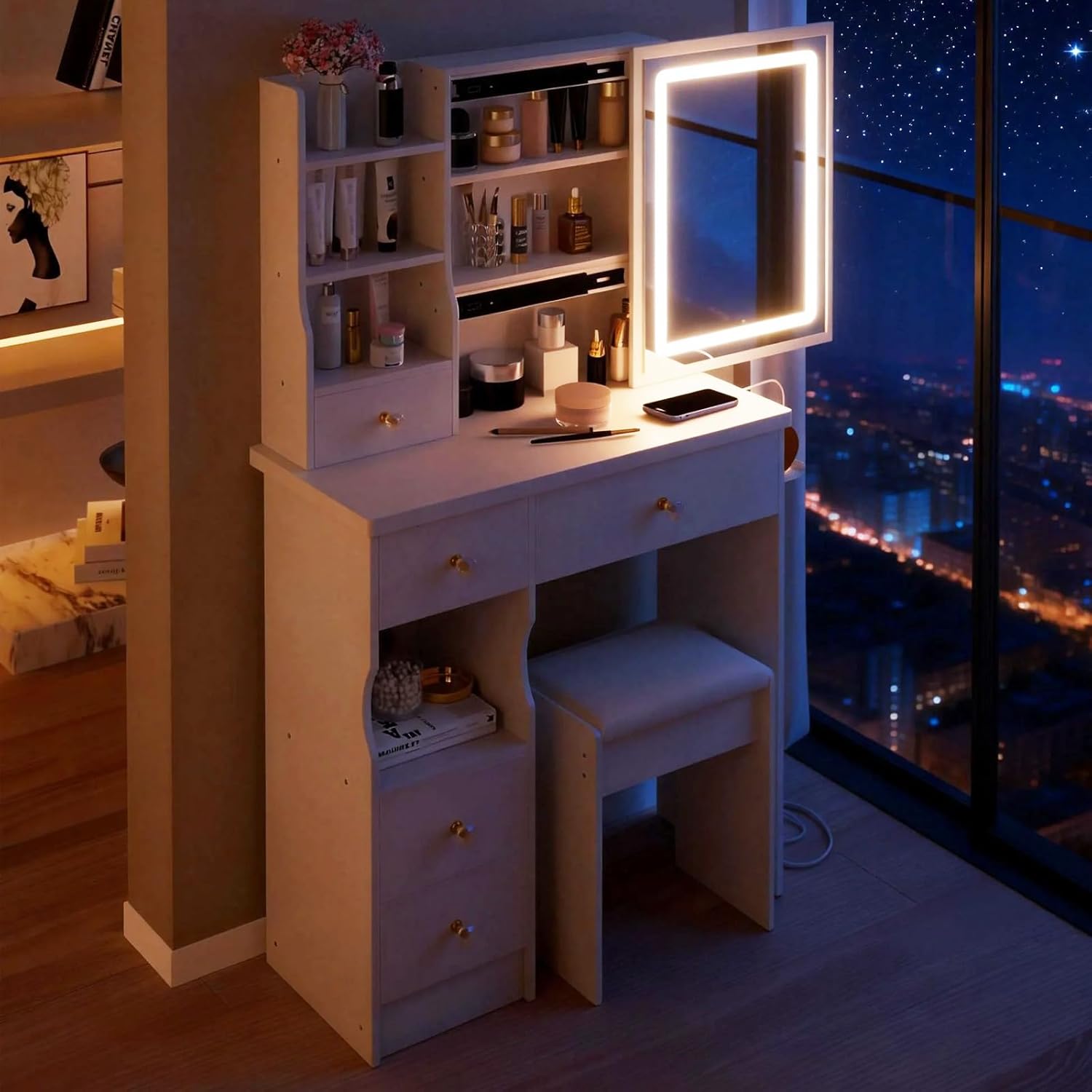 29.2" Small Vanity Desk with Mirror and Lights, Makeup Table with 2 AC+2 USB Power Station, Vanity Set with 5 Drawers and Stool for Small Space Bedroom, White