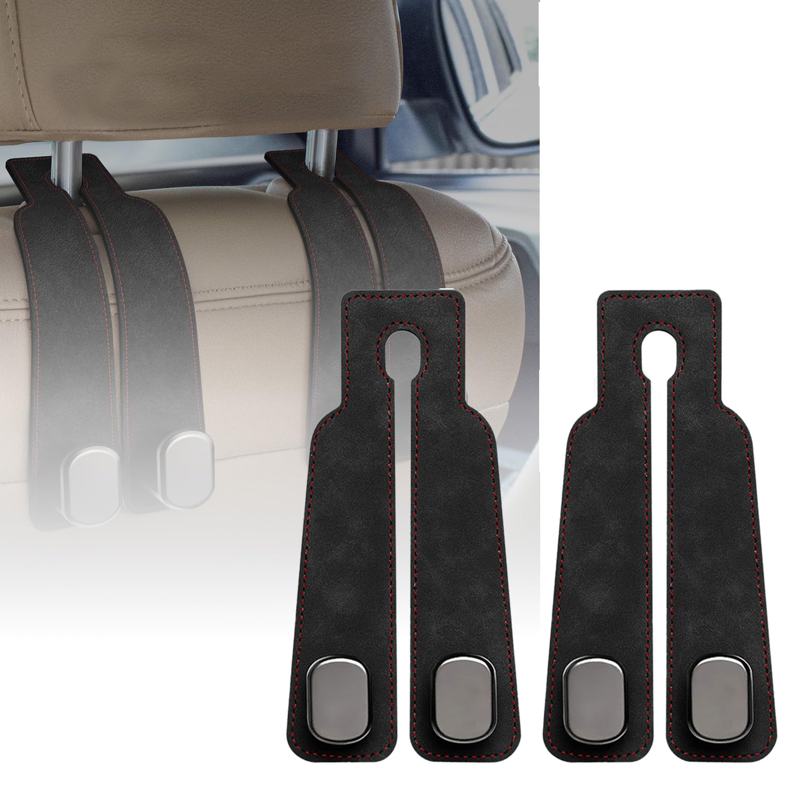 NONGKANG Leather Car Headrest Hooks, 2-in-1 Car Seat Back Purse Hooks with Double Metal Hangers, Universal Car Storage Holder for Bags, Handbags,
