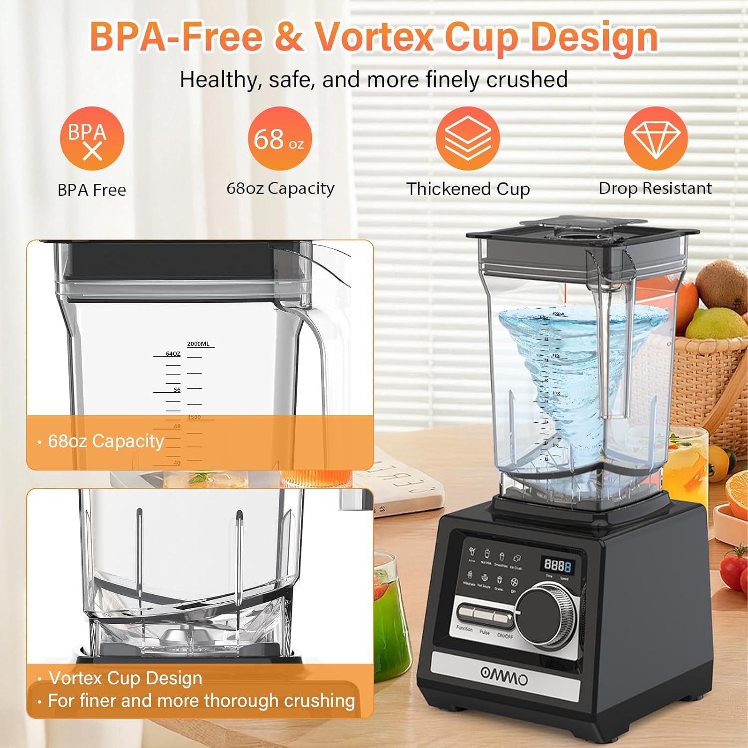 OMMO Blender, Peak1800W Blender for Smoothies, 68oz BPA-Free Smoothie Blenders for Kitchen with 9 Speed Control&Built-in Timer, Dishwasher Safe for Ice Crush, Smoothies, Frozen Drinks and Fruits image 5 of 9 B0FGQ7BV4N